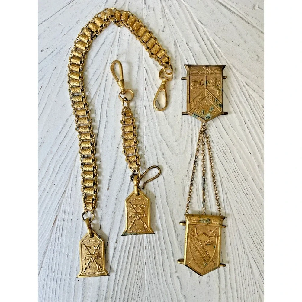 Vtg Fraternal Society  Sword Belt Hanger Gold Tone Chain & Medals Regalia Lot